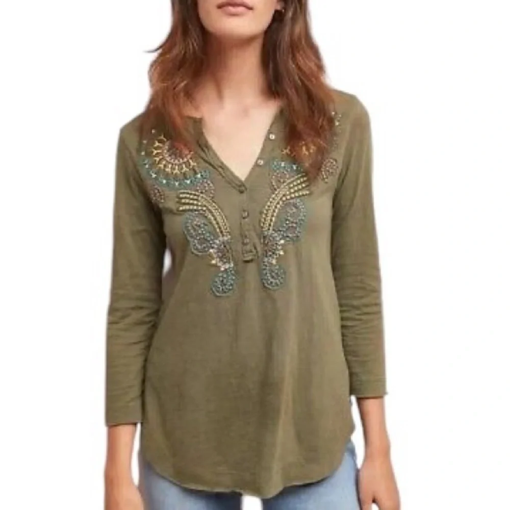 AKEMI + KIN Anthropologie Embroidered Henley Top Boho Olive Green S